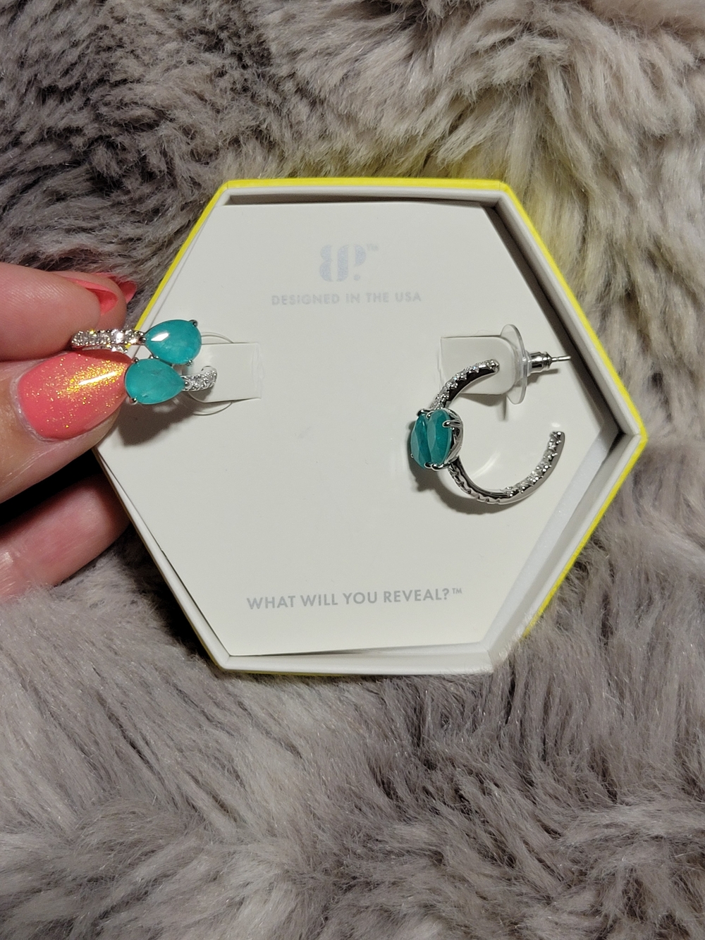 Silver Hoop Earrings with Blue Argonite Gemstone Accents